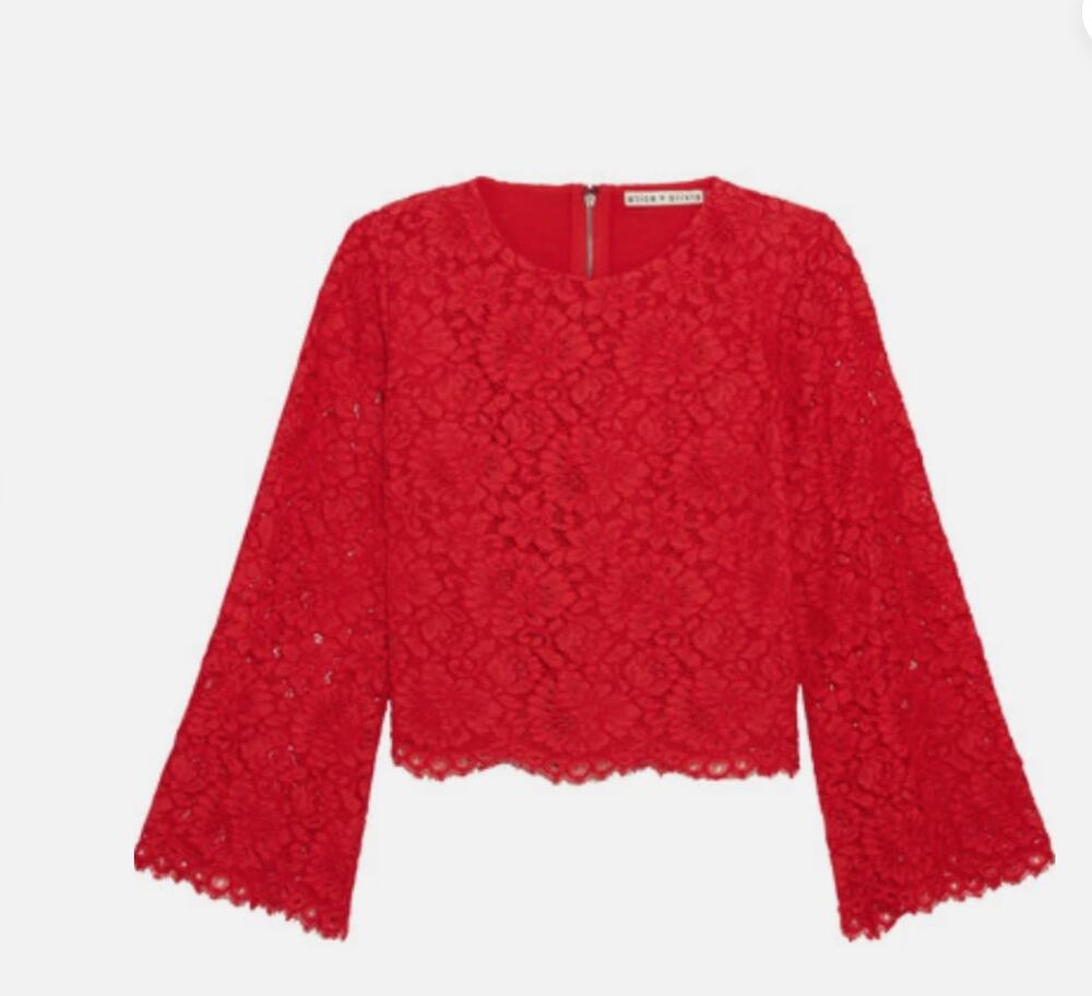 Alice + Olivia Pasha Corded Floral Lace Bell Sleeve Top Large Red Lined Blouse